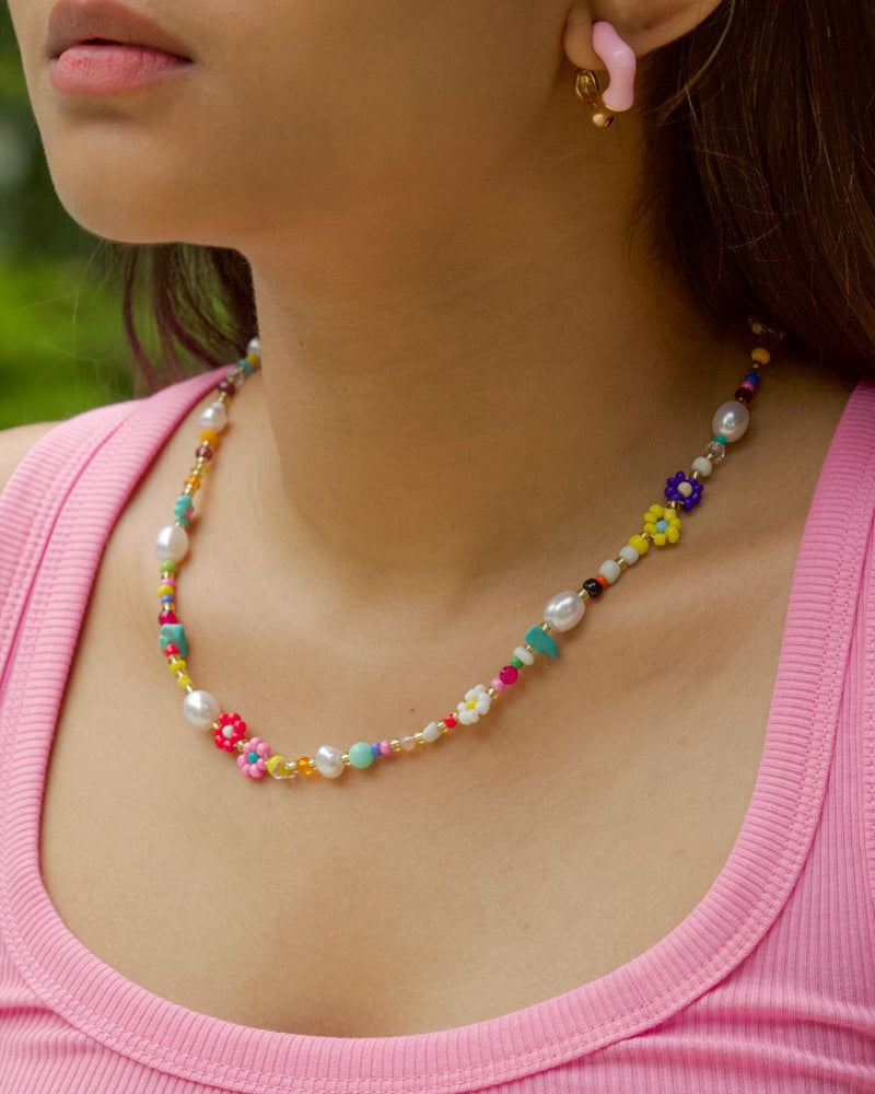 Rainbow Bead and Flower Necklace