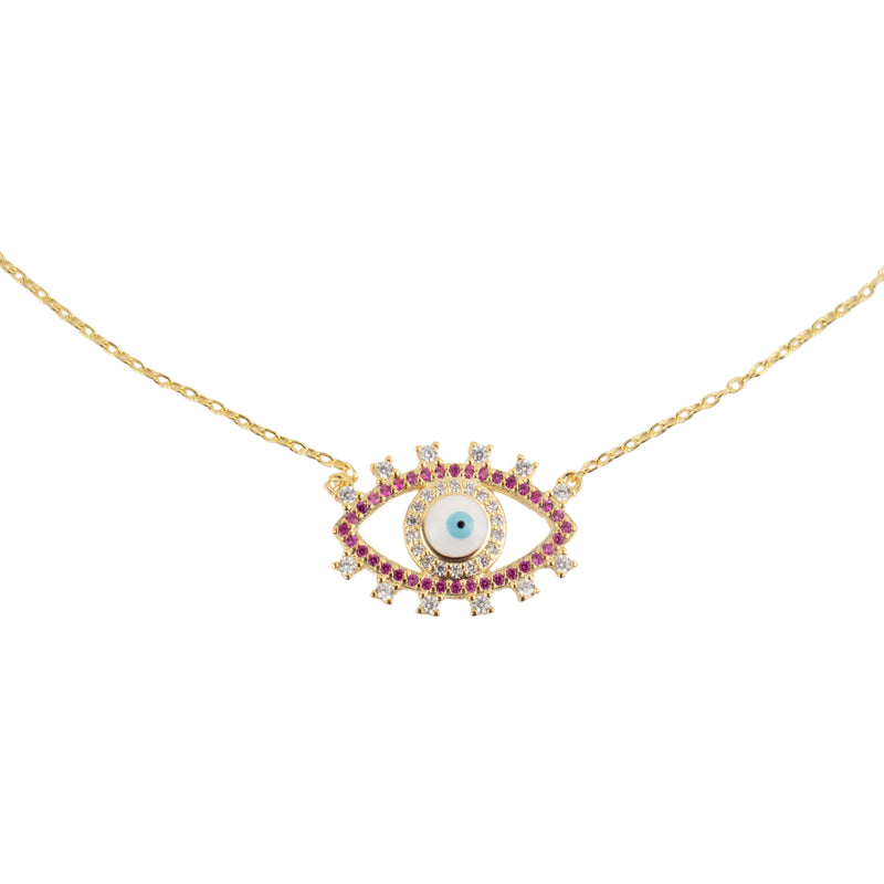 14k Plated Pink CZ Evil Eye Necklace